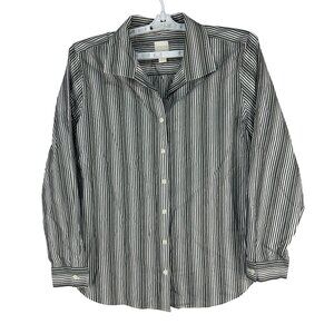 Chicos Womens Button Up Striped Shirt Size 2 Black White Long Sleeve